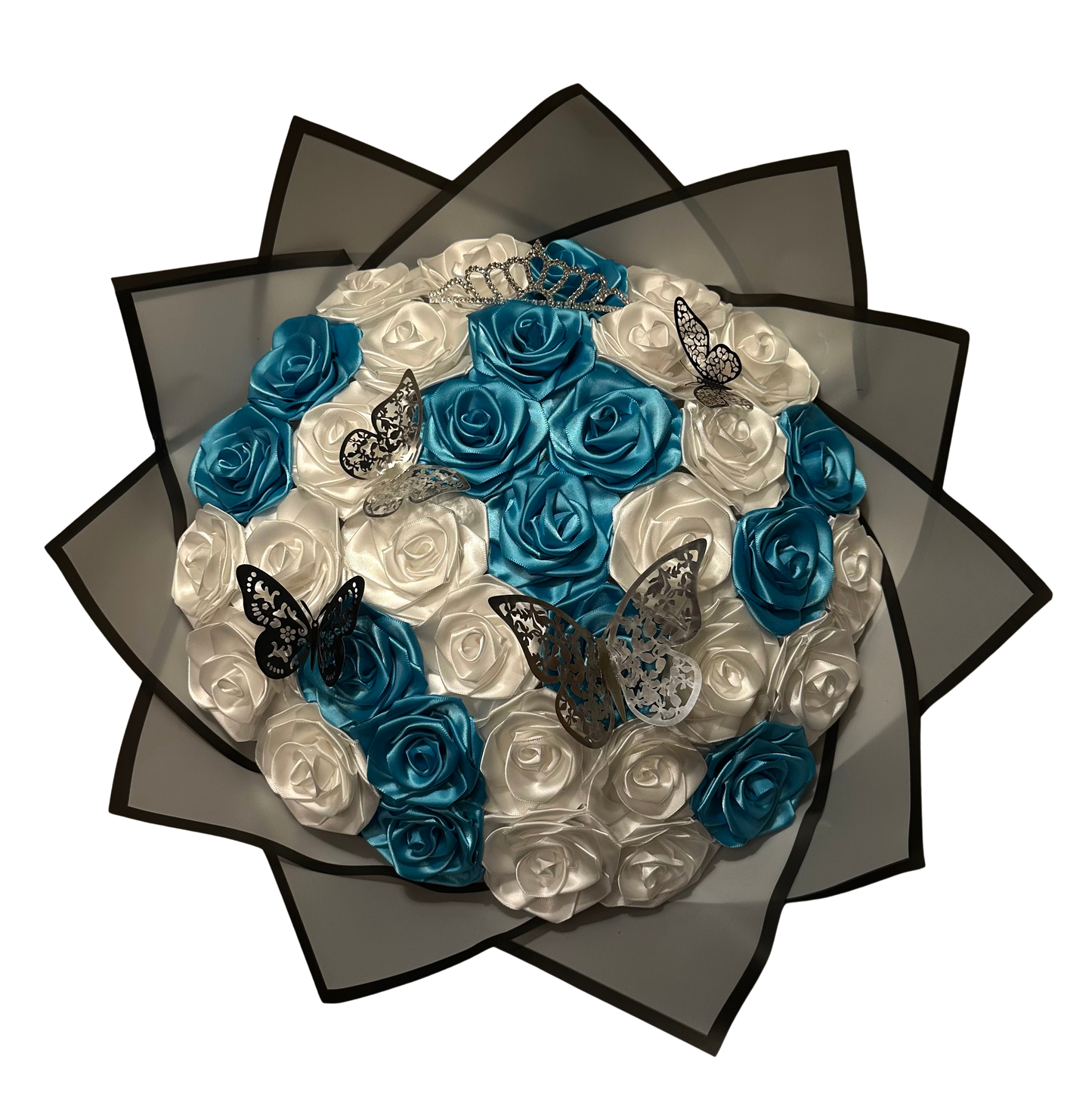 36 rožių- šviesiai mėlyna (elektrinė), balta